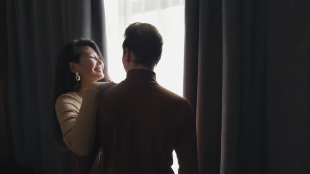 Medium Back View Slowmo Footage Romantic Multi Ethnic Couple Standing — Stock Video