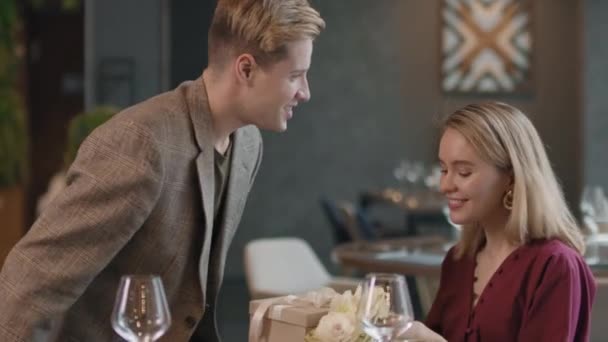 Medium Close Romantic Couple First Day Having Dinner Luxury Restaurant — Stock Video