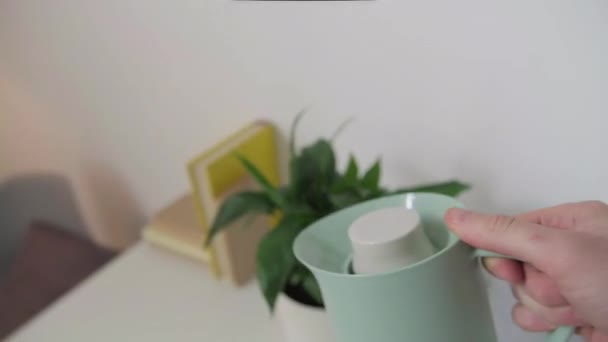 一个无法辨认的男人用塑料罐子把家养的植物用白锅浇灌 — 图库视频影像