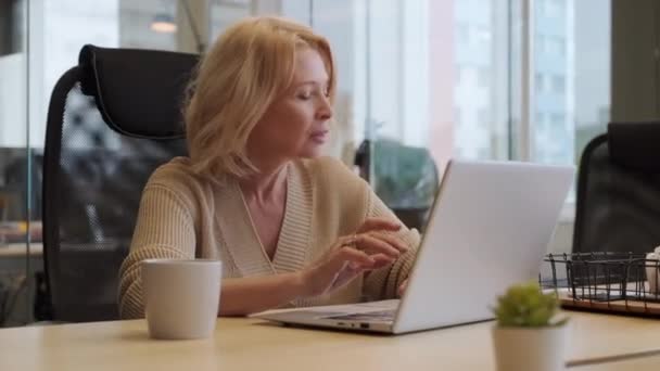 Dizüstü Bilgisayarda Çalışan Geniş Pencereli Çağdaş Bir Ofiste Masa Başında — Stok video