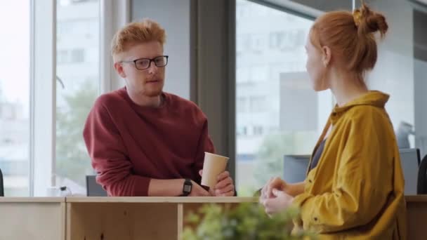 Mittlere Aufnahme Von Zwei Jungen Rothaarigen Büroangestellten Die Kaffeepause Schreibtisch — Stockvideo