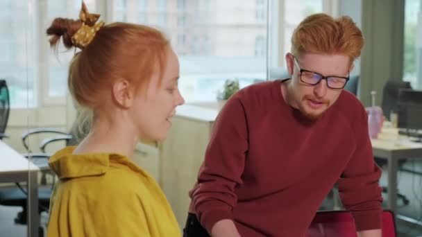 Medium Close Two Young Red Haired Man Woman Working Together — Stock Video