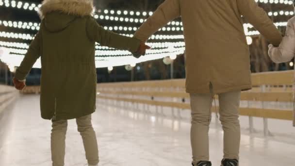 Images Rétrospectives Complètes Famille Multigénérationnelle Tenue Hiver Patinage Sur Glace — Video