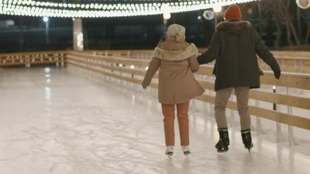 Romantik Çiftin Buz Pateni Pistinde Ele Tutuşup Iyi Vakit Geçirdiği — Stok video