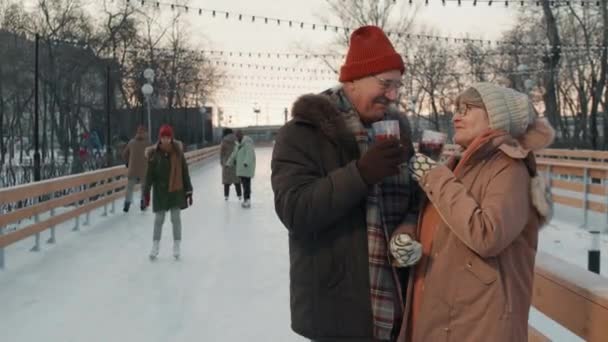 Plan Moyen Couple Personnes Âgées Romantiques Debout Patinoire Extérieure Coucher — Video