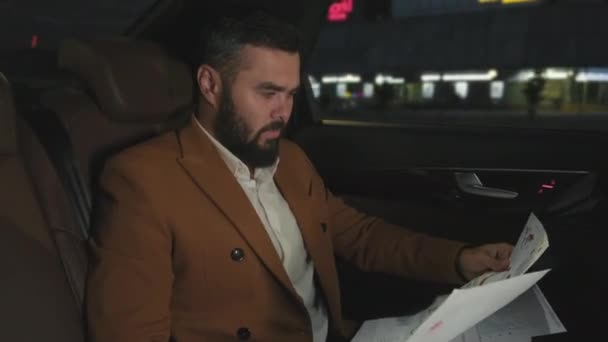 Medium Shot Handsome Mixed Race Businessman Sitting Backseat Posh Car — Stock Video