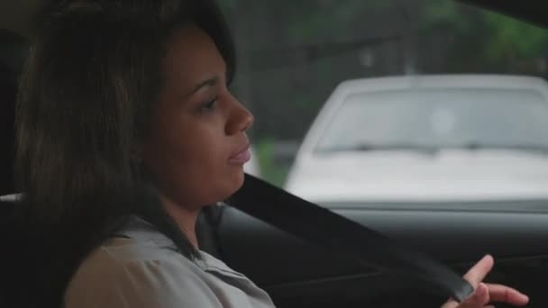 Tilting Close Attractive Mixed Race Woman Fastening Seatbelt Sitting Drivers — Stock Video