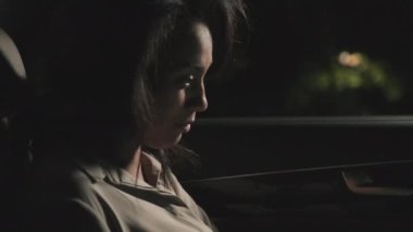 İş kadınının yakın plan çekimleri arabasının arka koltuğunda oturup ortaklarıyla bilgisayar aracılığıyla proje tartışması yapması.