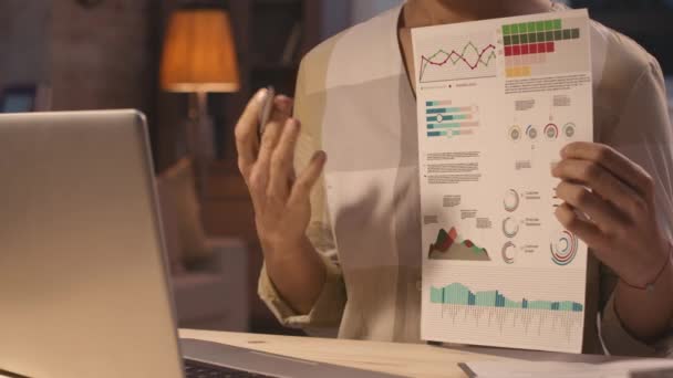 Mid Section Close Unrecognizable Woman Holding Document Graphs Charts Showing — Stock Video