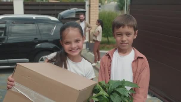 Retrato Mão Menina Bonito Menino Segurando Vaso Planta Caixa Papelão — Vídeo de Stock