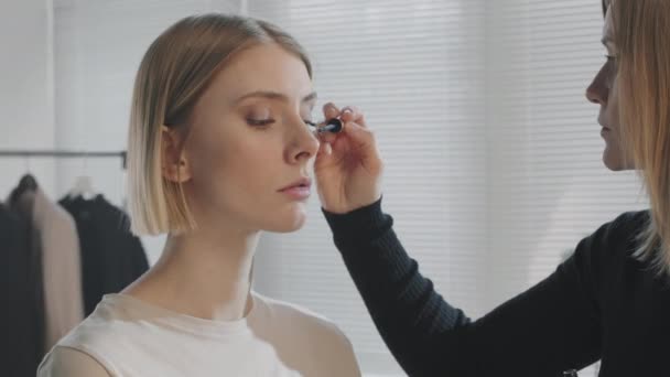 Slowmo Plan Femelle Mua Appliquant Mascara Sur Beau Modèle Féminin — Video