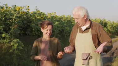 Neşeli çiftçilerin belden aşağı vuruşları kırsal yolda yürüyüp ayçiçekleriyle sohbet etmeleri ve iyi vakit geçirmeleri.