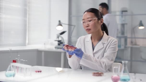 中スローモーションポートレートの笑顔の女性アジアの微生物学者でホワイトラボコートを保持ペトリ皿で実験室で栽培肉サンプルをカメラを見て — ストック動画