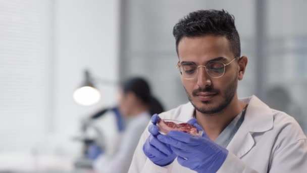 Primer Plano Retrato Slow Investigador Oriente Medio Examinando Muestra Carne — Vídeo de stock