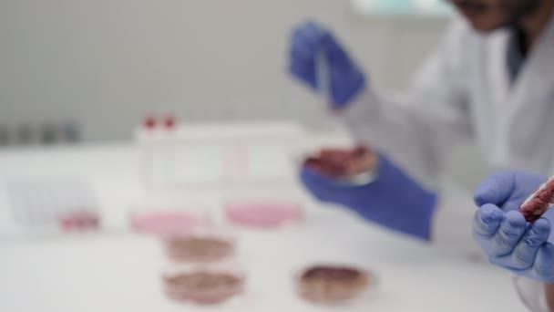 Panning Slowmo Close Van Vrouwelijke Microbioloog Inspecteren Reageerbuis Met Lab — Stockvideo