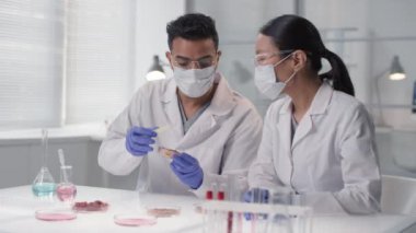 Çok ırklı mikrobiyoloji araştırmacılarından oluşan bir ekibin yapay et örneğini analiz edip kalitesini ölçtüğü orta ölçekli bir çekim.