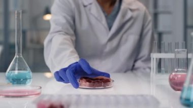 Sanal görüntü analizinin CGI 'ı, tanınmayan erkek mikrobiyoloji bilimcisi tarafından laboratuvar masasına bırakılan petri kabında yapay et numunesinin üzerinde beliriyor. Fütüristik araştırma yöntemi kavramı