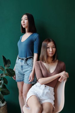 Asya kökenli iki güzel ikiz kız kardeş. Stüdyo ortamında yerli bitkiler tarafından kamera önünde dinleniyorlar.