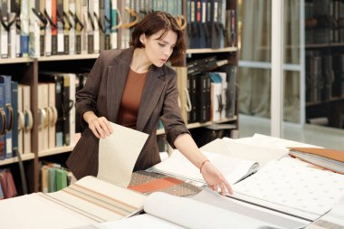 Genç esmer bayan tezgahtar ya da iç mimari stüdyosunun müdürü büyük masa kağıtlarının yeni duvar kağıtlarına bakıyor.