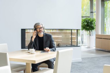 Lüks bir restoranda, koltukta oturan, akıllı telefondan konuşan ve dokunmatik ped kullanan çağdaş, olgun iş adamı.