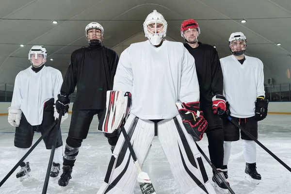 Professional hockey players and their trainer in uniform, gloves, skates and helmets standing on ice rink at stadium and waiting for start of play