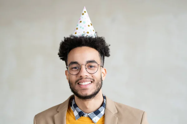 Happy Young Mixed Race Businessman Smart Casualwear Eyeglasses Birthday Cap — Stock Photo, Image