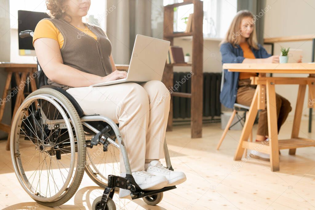 Young disable female office worker with laptop on knees sitting in wheelchair and looking through online data while surfing in the net