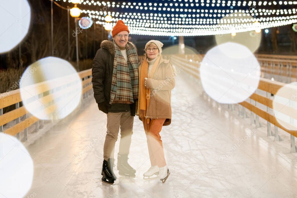Portrait of happy mature couple enjoying their winter vacation on ice rink