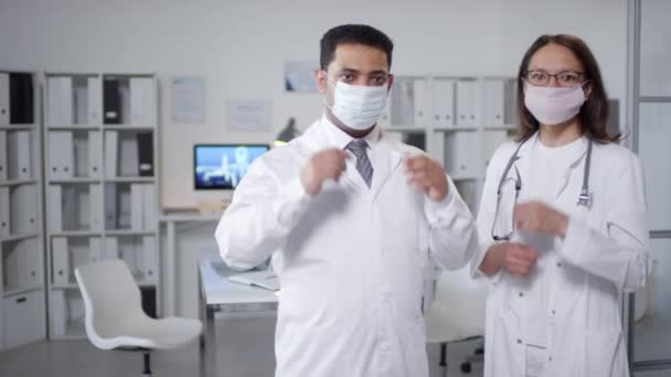 Medium Portrait Shot Footage Two Modern Doctors Wearing White Coats — Stock Video