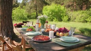Hiç kimse açık hava partisi için yemek ve dekorasyonlu ahşap yemek masasının görüntülerini çekmez.