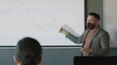 Yüzü maskeli orta yaşlı işadamının projektör ekranındaki çizelgeye işaret ederken iş arkadaşlarına finansal sunum yaparken PAN fotoğrafı