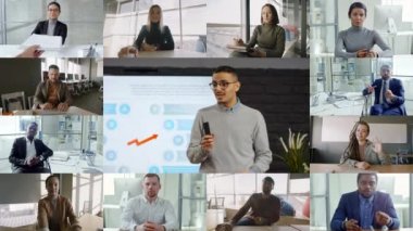 Finansal sunum yapan genç Arap iş adamının ekran bölünmüş görüntüsü ve video konferansında iş arkadaşlarıyla konuşma. İş adamları çevrimiçi toplantı yapıyor ve mali raporu tartışıyorlar