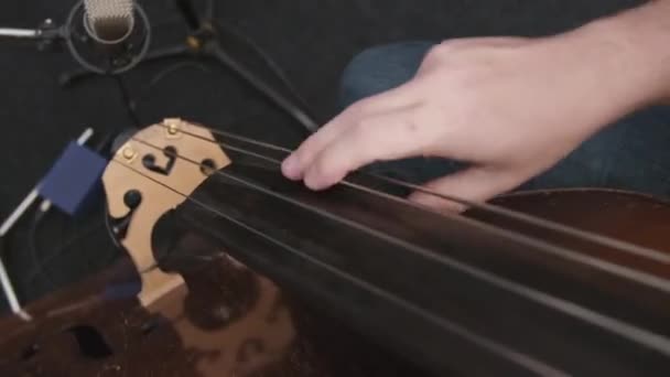 Handgezoomte Nahaufnahme Von Oben Kontrabassist Spielt Musikinstrument Und Zupft Tonstudio — Stockvideo