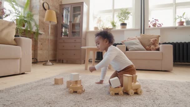 귀여운 아기가 곱슬머리를 거실의 양탄자 블록을 가지고 날에는 장난감을 훈련시키는 — 비디오