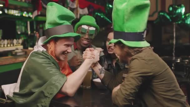 Medium Side View Footage Two Cheerful Men Funny Green Irish — Stock Video