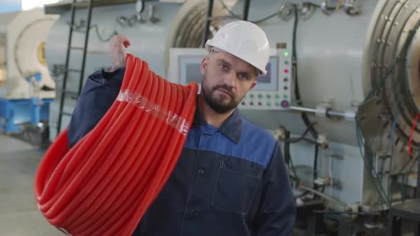 Portrait Shot Bearded Male Plant Worker Hard Hat Uniform Holding — Stock Video
