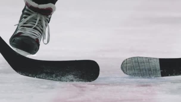 Slow Motion Low Angle Close Hockey Puck Being Dropped Ice — Stock Video