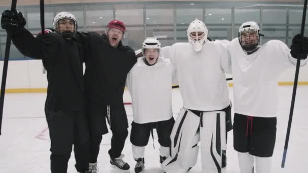 Slow Motion Full Shot Portrait Happy Hockey Players Standing Line — Stock Video