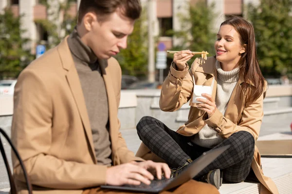 Young Serious Elegant Man Using Laptop While Sitting Bench Urban — Stock Photo, Image