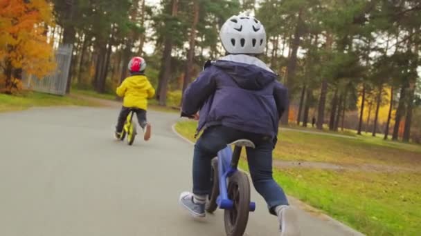 Tracking Shot Nierozpoznawalne Małe Dzieci Kaskach Jazda Rowery Równowagi Wzdłuż — Wideo stockowe