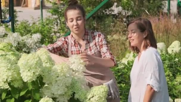 Średnie Ujęcie Dwóch Młodych Kaukaskich Kobiet Zainteresowanych Ogrodnictwem Rozmawiających Podczas — Wideo stockowe