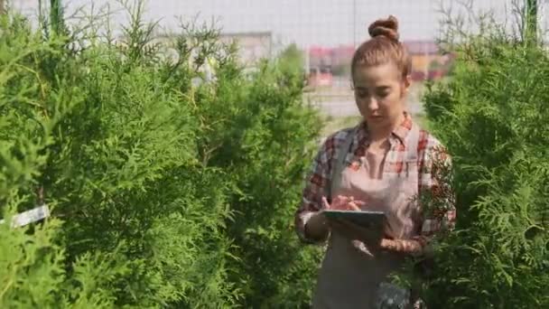 Mediana Toma Joven Caucásica Jardinero Femenino Trabajando Fuera Patio Soleado — Vídeos de Stock