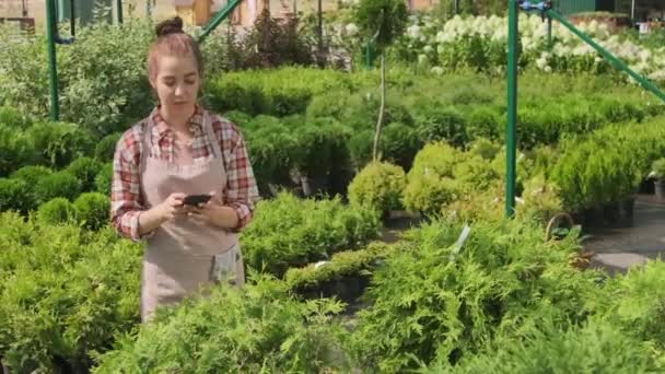 在院子里工作时 用智能手机拍摄年轻的高加索女园丁 在阳光下拍摄美丽的绿色植物 — 图库视频影像