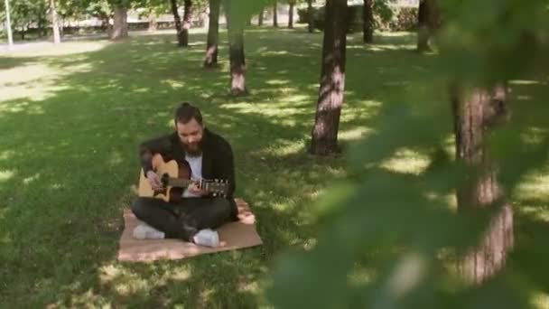 在阳光明媚的夏日 一个留着胡子的年轻人坐在公园的绿草上 弹奏着吉他 — 图库视频影像