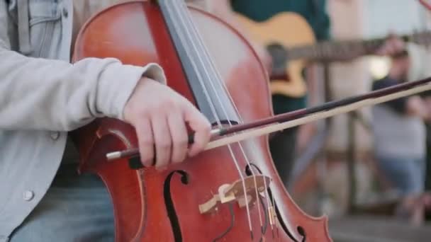 Kamerasıyla Çello Çalan Akustik Gitarlı Bir Adama Eşlik Eden Tanınmayan — Stok video