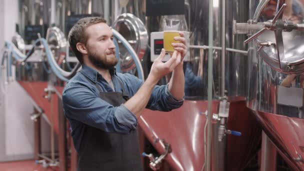 醸造所に立ちたてのビールのグラスを持っている男性醸造労働者のスローモーションの中の肖像その後 カメラの笑顔を見て — ストック動画