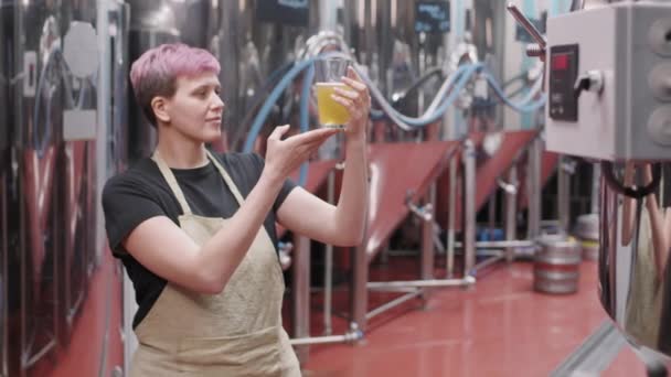 Retrato Médio Câmera Lenta Trabalhador Cervejaria Fêmea Sorrindo Para Câmera — Vídeo de Stock