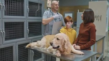 Profesyonel erkek veteriner, hasta Golden Retriever köpeğini muayene ederken, tıbbi muayene masasında nazikçe okşarken, 10 yaşında oğlu teşhis için bekleyen bir kadın...