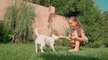 Arka bahçede çimenlerde oturan güzel bir kızın, tatlı Jack Russell Terrier köpeğiyle oynadığı, güneşli yaz gününde frizbiyi geri almaya çalıştığı düşük açılı bir çekim.