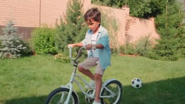 夏天阳光灿烂的一天 一个可爱的8岁的混血儿骑着自行车在后院走来走去 玩世不恭的杰克 鲁塞尔带着飞盘玩具的小狗好奇地看着他 — 图库视频影像